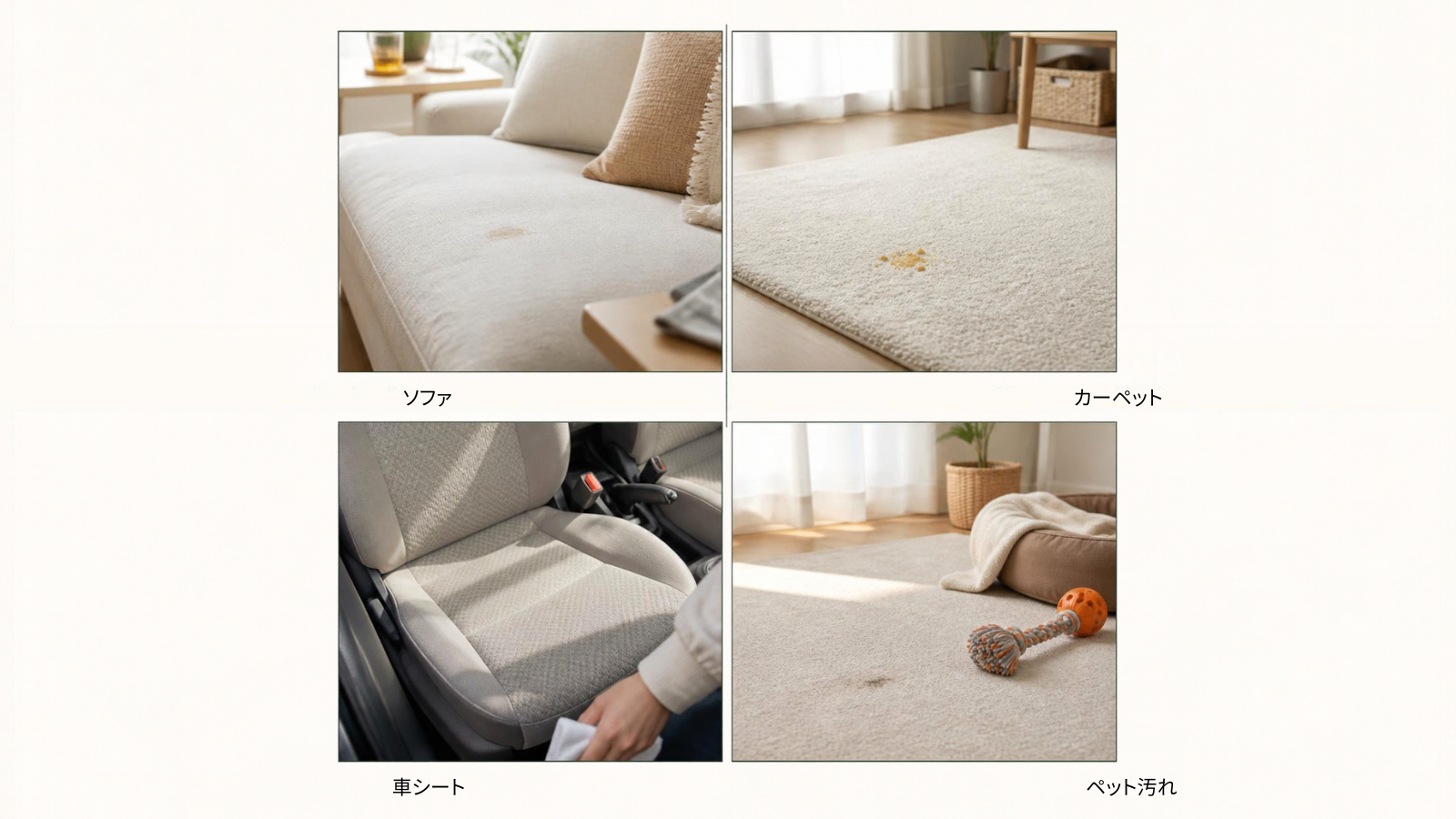 ソファ、カーペット、車シート、ペット汚れの4つの生活シーン